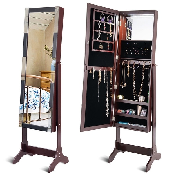 Standing Armoire Storage Mirrored Jewelry Cabinet w/ LED Lights - Brown