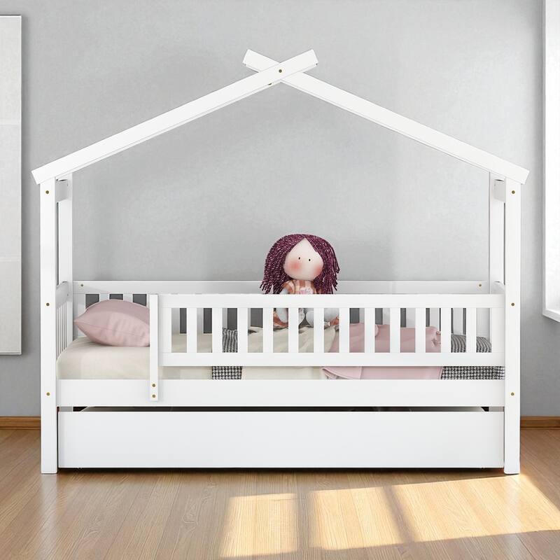 Twin Size Wooden House Bed with Trundle, Roof Design Platform Frame with Headboard for Kids, No Box Spring Needed