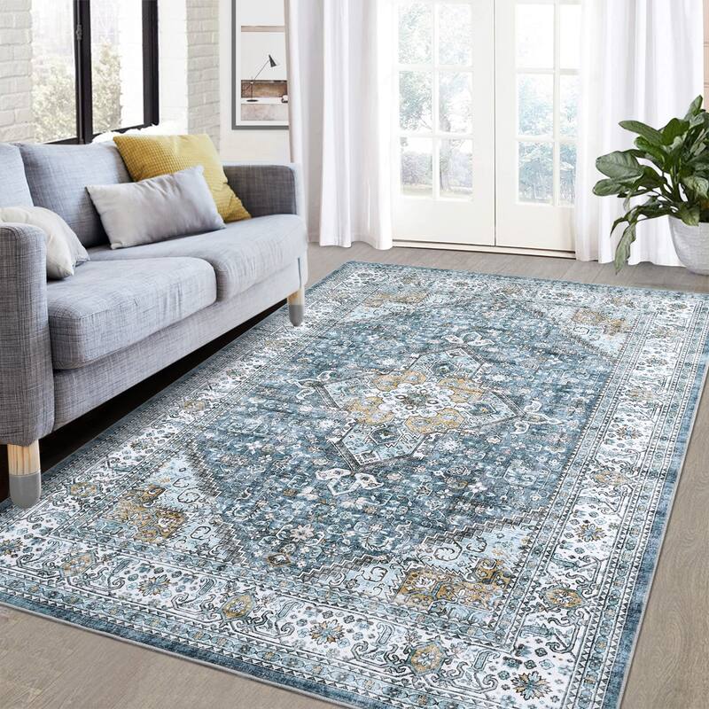 Washable Rug Vintage Medallion Area Rugs for Living Room Bedroom, Non-Skid Low Pile Floral Rug Soft Foldable Rug - 5'x7' - Blue