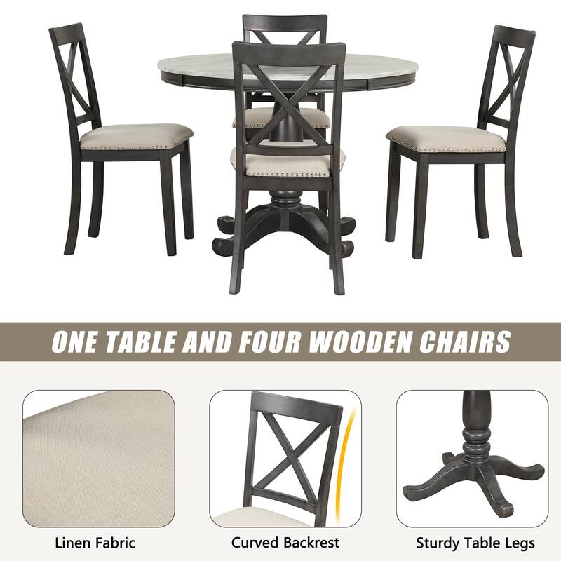 5 Piece Modern Solid Wood Dining Table Set with Chairs, Faux Marble Top