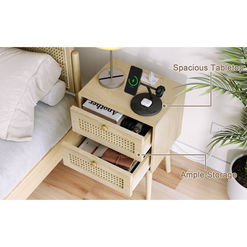 White 2-Drawer Nightstand with USB Charging Ports and Open Shelf