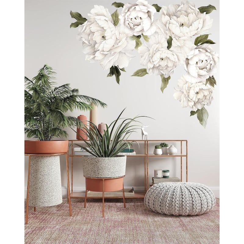 White Peony Flowers Removable Floral Wall Decal Set
