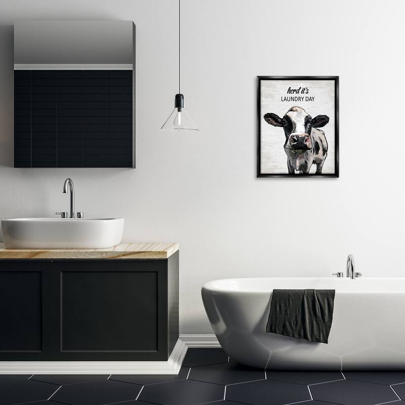 Stupell Herd It's Laundry Day Cow Framed Floater Canvas Wall Art Design By Lettered and Lined