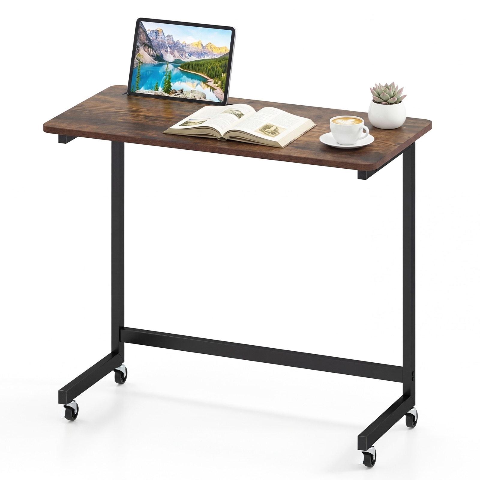 Gymax C-Shaped Rolling Side Table w/ Wheels & Tablet SlotMetal