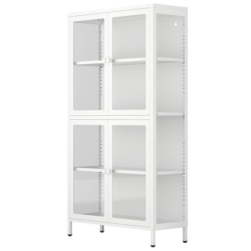 Storage Cabinet with 4 Glass Doors, Modern Sideboard Cabinet with Adjustable Shelves & Steel Feet, Accent Cabinet for Kitchen - White