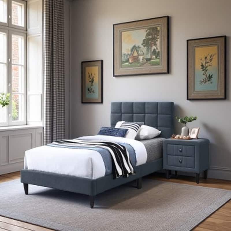 Twin Bed with Adjustable Headboard, Brushed Linen Fabric, Biscuit Tufting, 12-Slat Support System, No Box Spring Needed - Charcoal