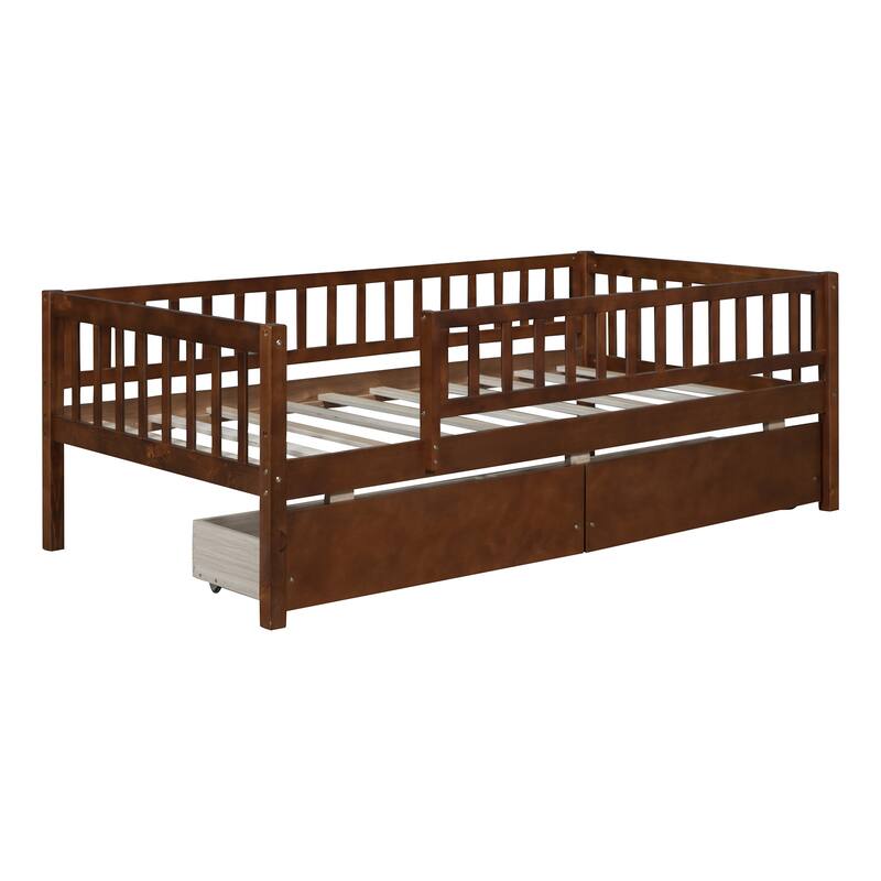 Twin Size Daybed Wood Bed Wood Platform Bed Frame No Box Spring Needed, 2 Extendable Wood Drawers with Trundle for Boys Girls