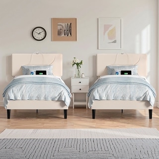 VECELO Platform Twin Bed Frame Set with Charging Stations and Under Bed LED Lights Kids Bed Set of 2 Strong Wooden Slats Support