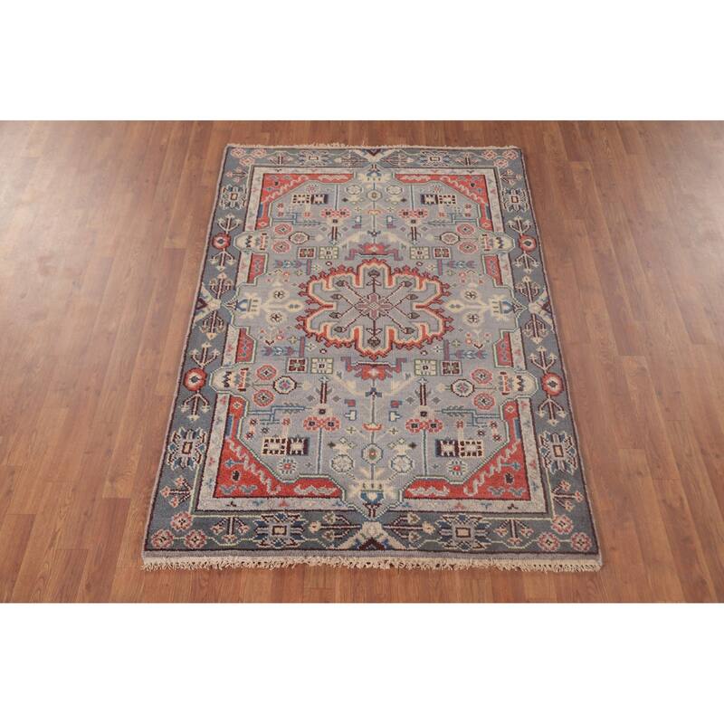 Gray Geometric Heriz-Serapi Accent Rug Hand-Knotted Wool Carpet - 4'1"x 5'9"
