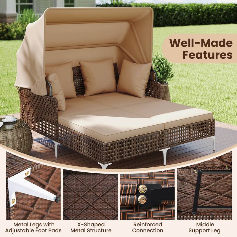 Costway Outdoor Rattan Double Daybed with Retractable Canopy & Seat - See Details
