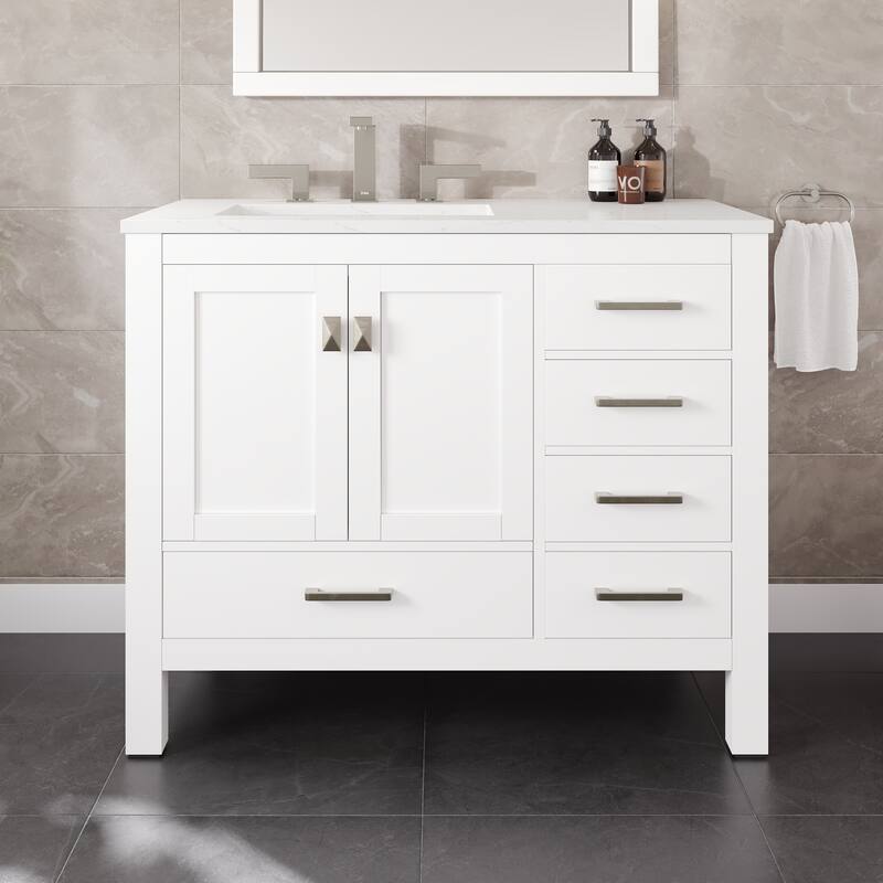 Eviva London 42"x18" White Transitional Bathroom Vanity with White Carrara Quartz Top