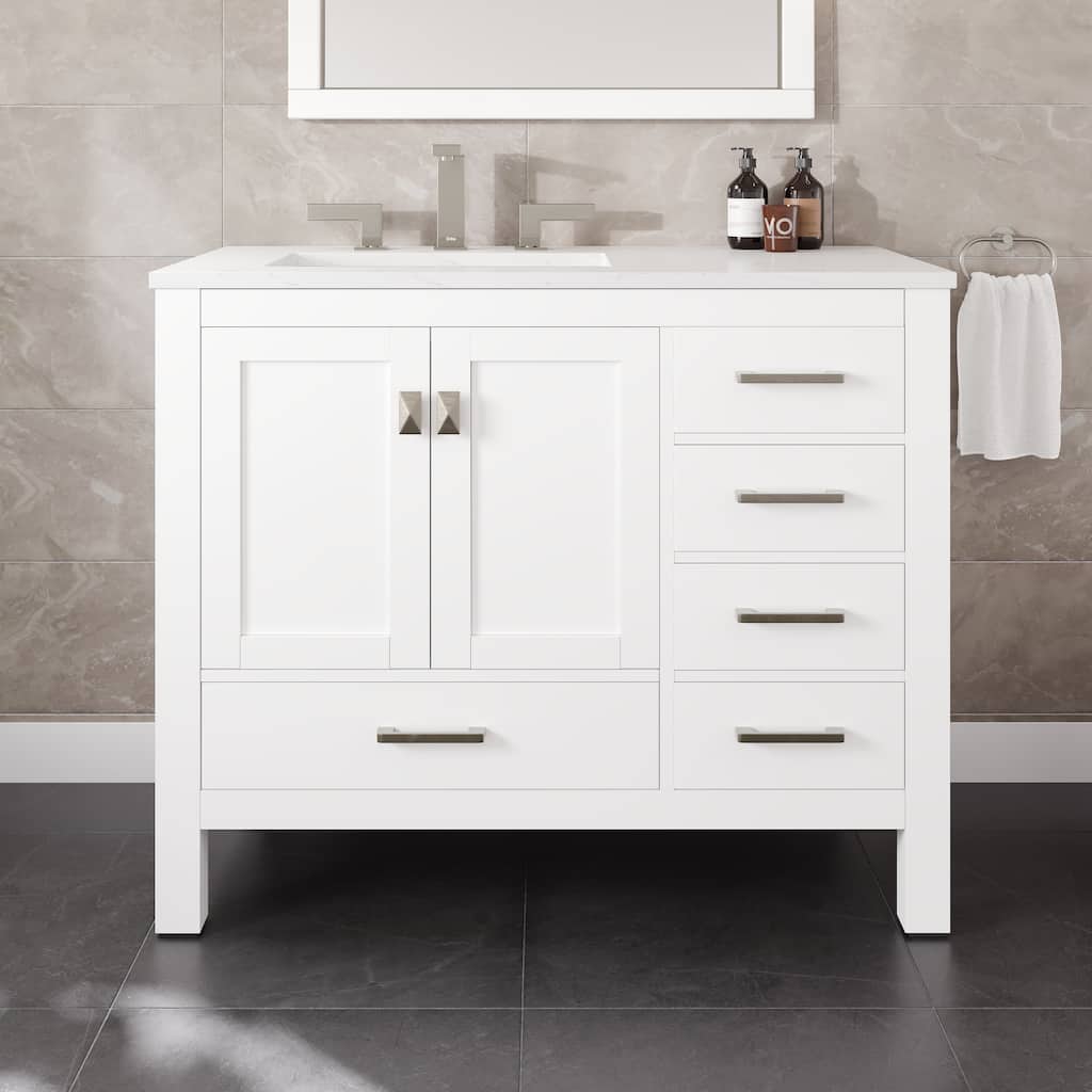 Eviva London 42"x18" White Transitional Bathroom Vanity with White Carrara Quartz Top