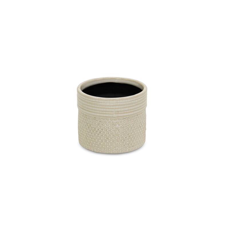 HomeRoots Off White Ceramic 25 Ounce Dotted Round Distressed Pot Planter - 4.50 in. x 3.75 in. x 4.50 in.