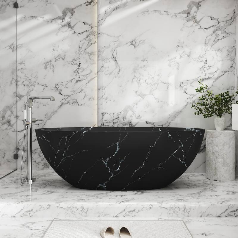 65 in. x 30 in. Solid Surface Freestanding Soaking Bathtub in Matte Black with Royal Misty Marble Pattern, Center Drain