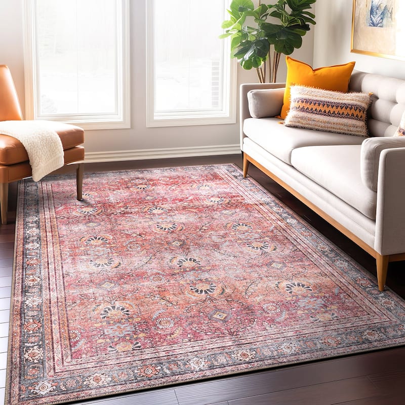 World Rug Gallery Vintage Inspired Machine Washable Non Slip Area Rug - 5' x 7' - Red - Rectangle
