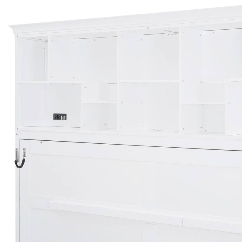 Queen Size Wall Bed with Top Shelves & USB, Space-Saving Foldable Cabinet Bed