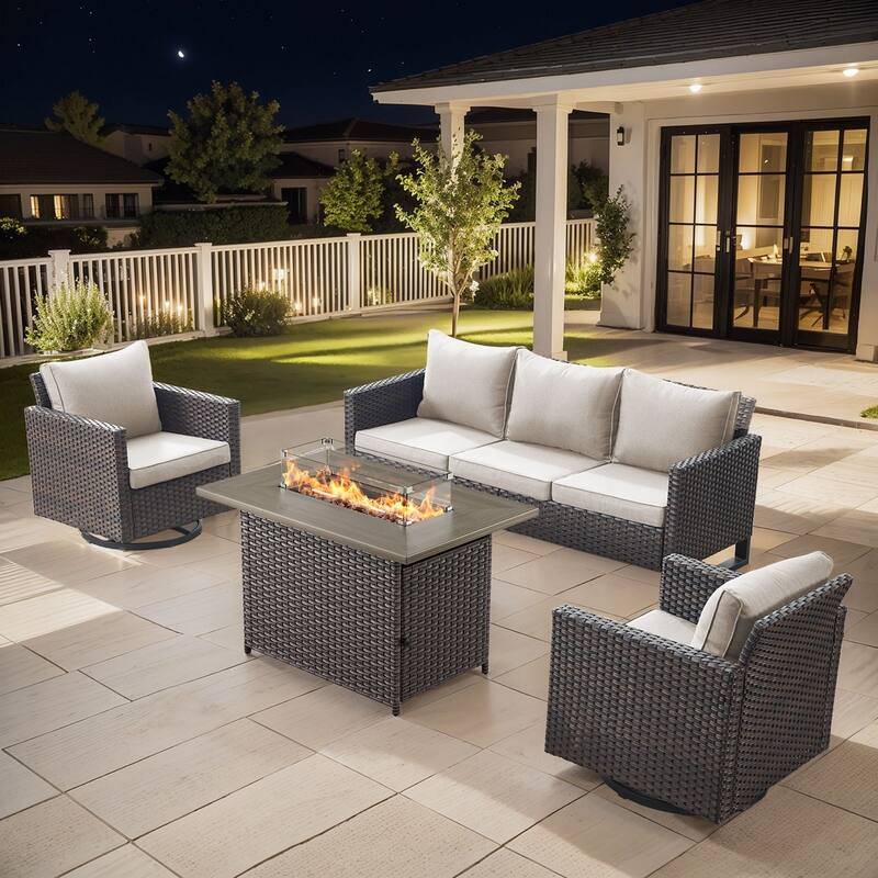 Outdoor Sofa 2 Glider Chairs and Fire Pit Table - Brown - Beige
