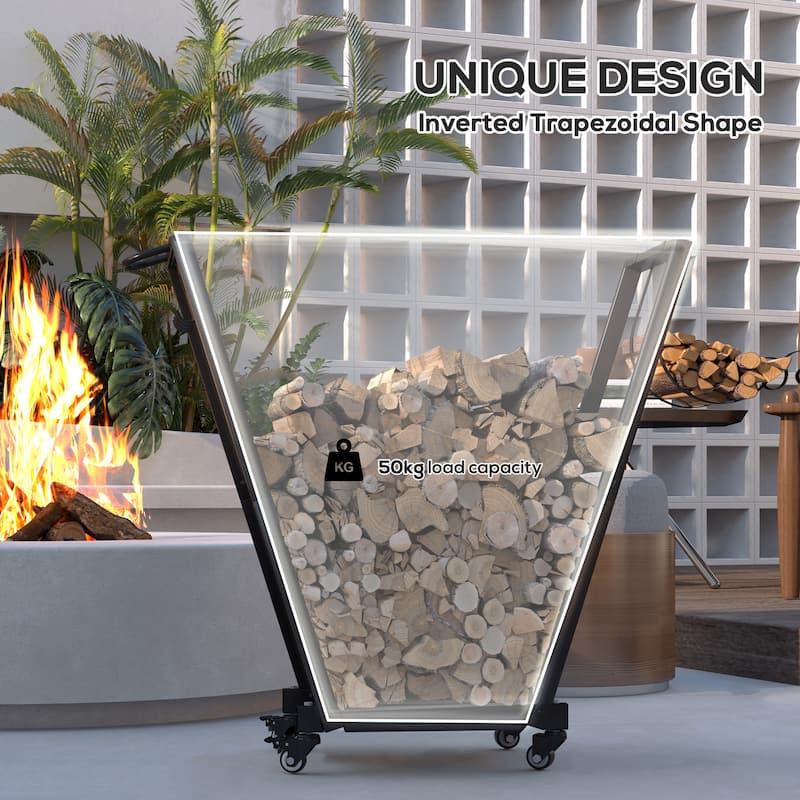 Metal Log Rack with Swivel Casters and Hooks Black Indoor and Outdoor Firewood Storage - 31.1" x 11.8" x 31.9"
