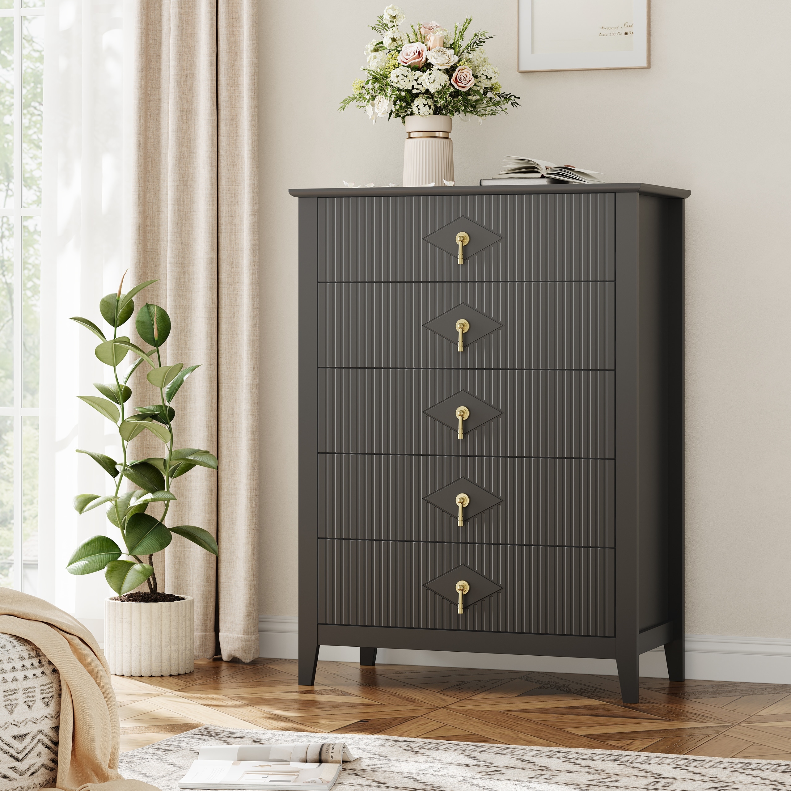 Fluted 5 Drawers Dresser, 42.9" Tall Chest of Drawers with Metal Handle