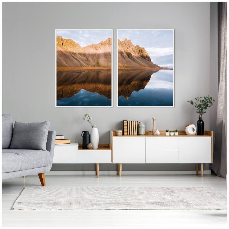 Kate and Laurel Sylvie Mountain Reflection in Iceland During Sunset Framed Canvas Art Set by Michael Schauer
