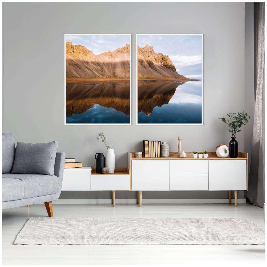 Kate and Laurel Sylvie Mountain Reflection in Iceland During Sunset Framed Canvas Art Set by Michael Schauer