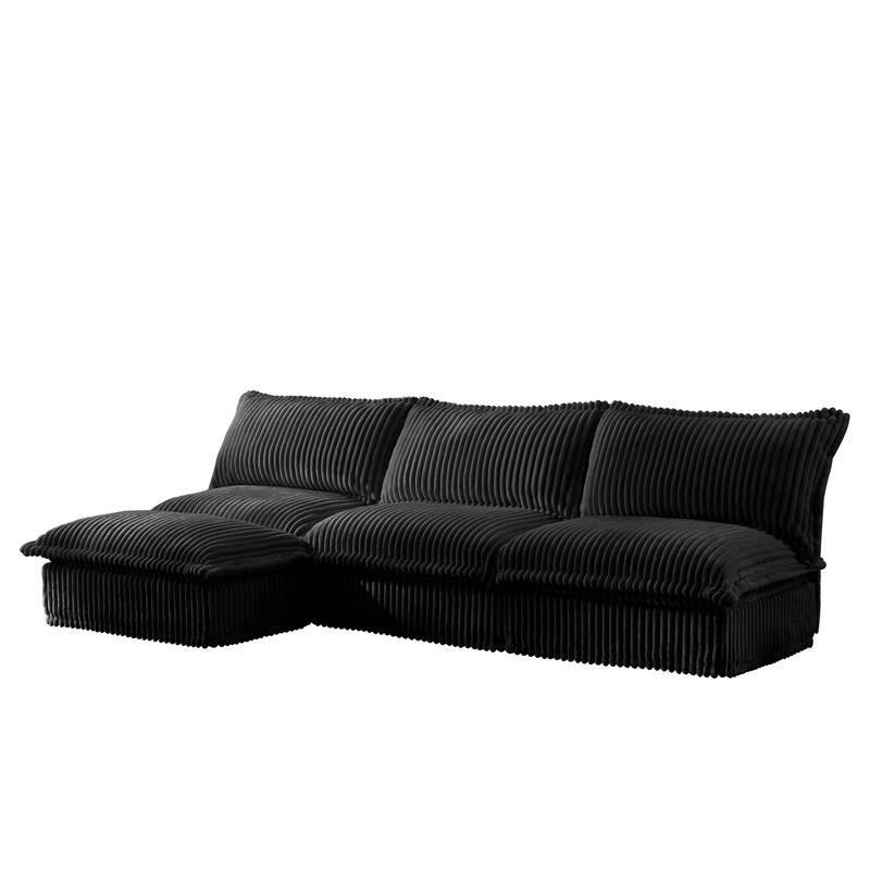 Corduroy Slipcovered 3-Seater Armless Sectional Sofa with Reversible Ottoman, Free Combination Design, and Removable Covers