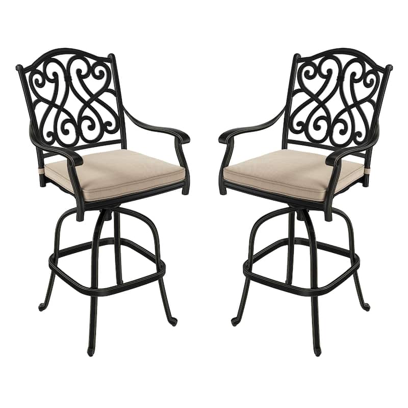 Patio Cast Aluminum Vintage Carved Barstools with Cushions (Set of 2)