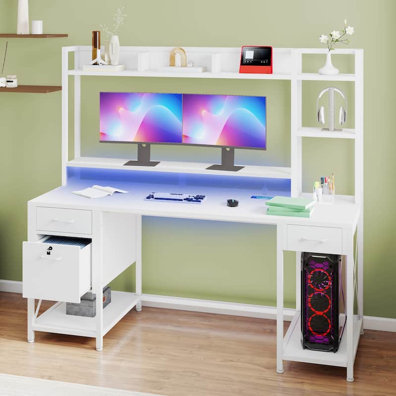Moasis 59" Computer Desk with Hutch and Shelves, LED Gaming Desk with Monitor Stand - White