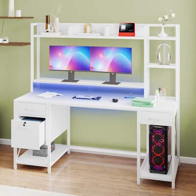 Moasis 59" Computer Desk with Hutch and Shelves, LED Gaming Desk with Monitor Stand