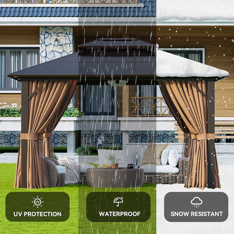 Hardtop Gazebo, Aluminum Frame Permanent Pavilion with Curtains and Netting
