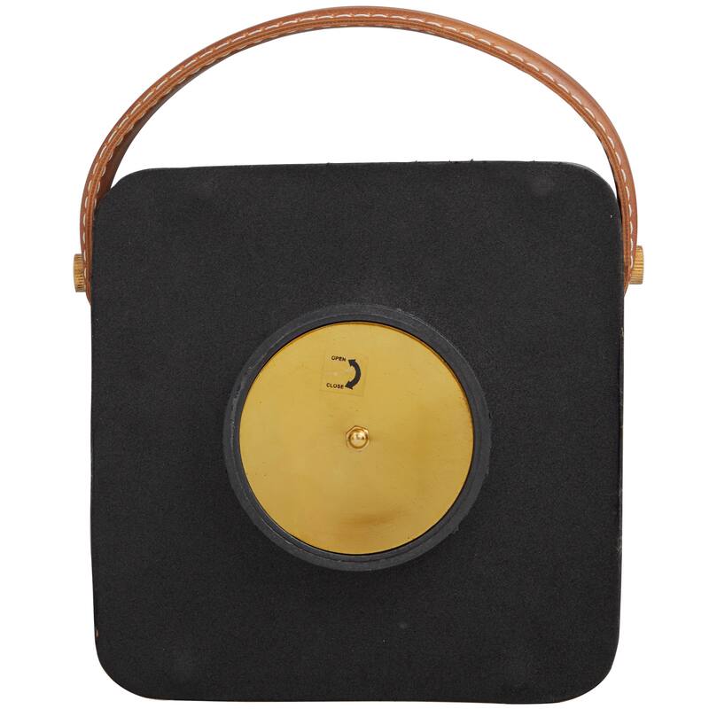 Black Metal Small Decorative Clock with Leather Handle and Hour Markers