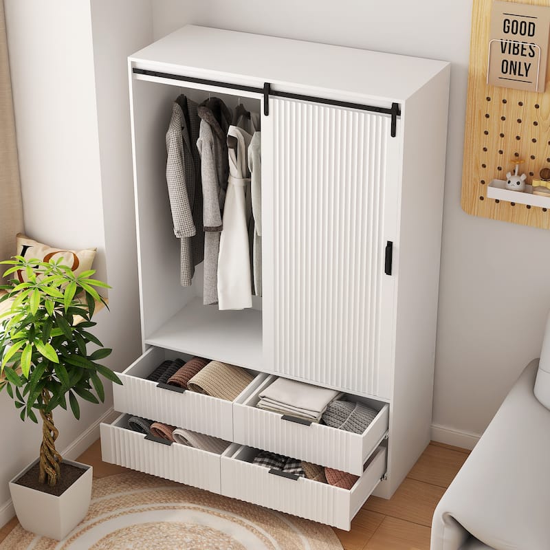 White Tall Armoire Wardrobe: Barn Door, Hanging Rod, Drawers & Open Shelves - Ideal Clothing Storage Cabinet