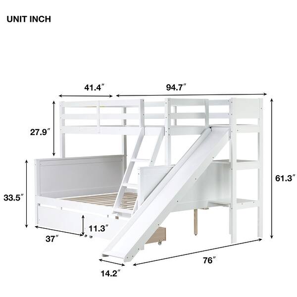 Twin Over Full Bunk Bed with Slide, Storage Drawers, Shelves, and Ladder for Kids Room