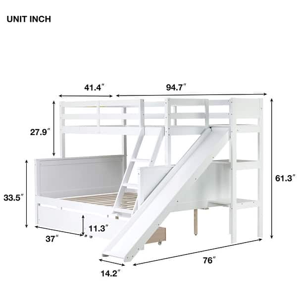dimension image slide 1 of 2, Twin over Full Bunk Bed with Slide, Rubber Wood Low Bunk Bed Frame Kids Bed with 2 Drawers & Shelves Storage for Boys Girls