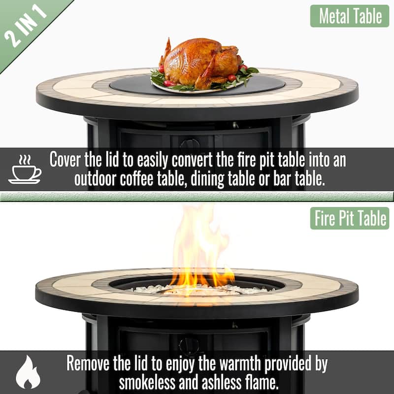 GDFStudio - Modern Outdoor 30" Propane Gas Fire Pit Table with Wood Grain Top & Removable Anti-Rust Lid, Cover Included