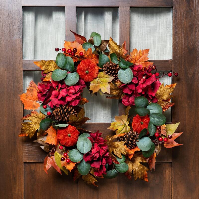 Orange Burgundy Fall Harvest Artificial Floral Pinecone Wreath, 22"