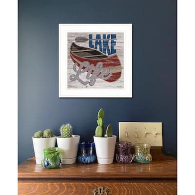 TrendyDecor4U Traditional "Lake Life Canoe" Framed Print Wall Art by Kate Sherrill - Brown, Tan, White