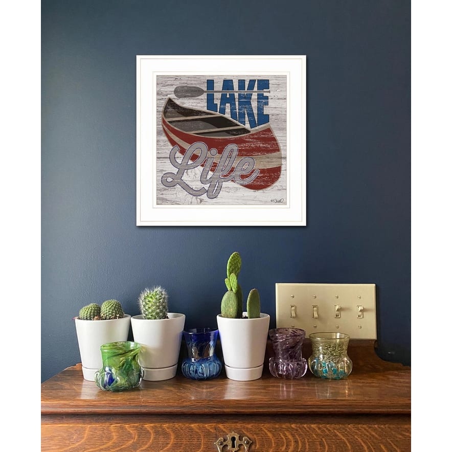TrendyDecor4U Traditional "Lake Life Canoe" Framed Print Wall Art by Kate Sherrill - Brown, Tan, White