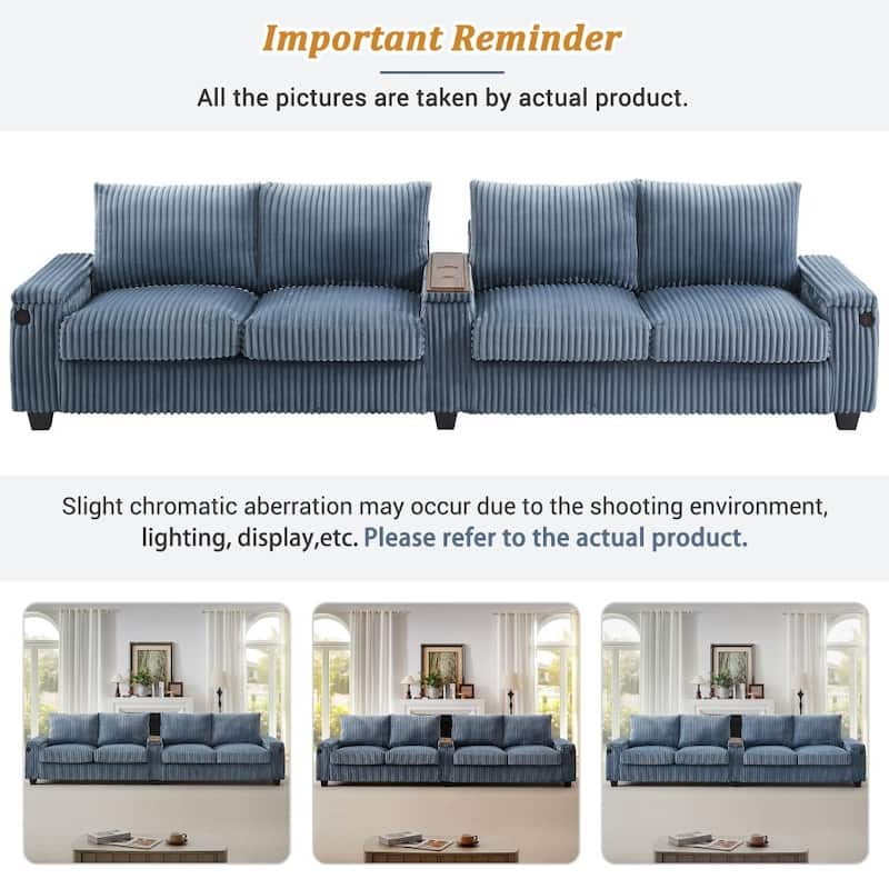 133" Modern 4-seater Corduroy Sofa Couch with USB Ports and Flip-top Cup Holders