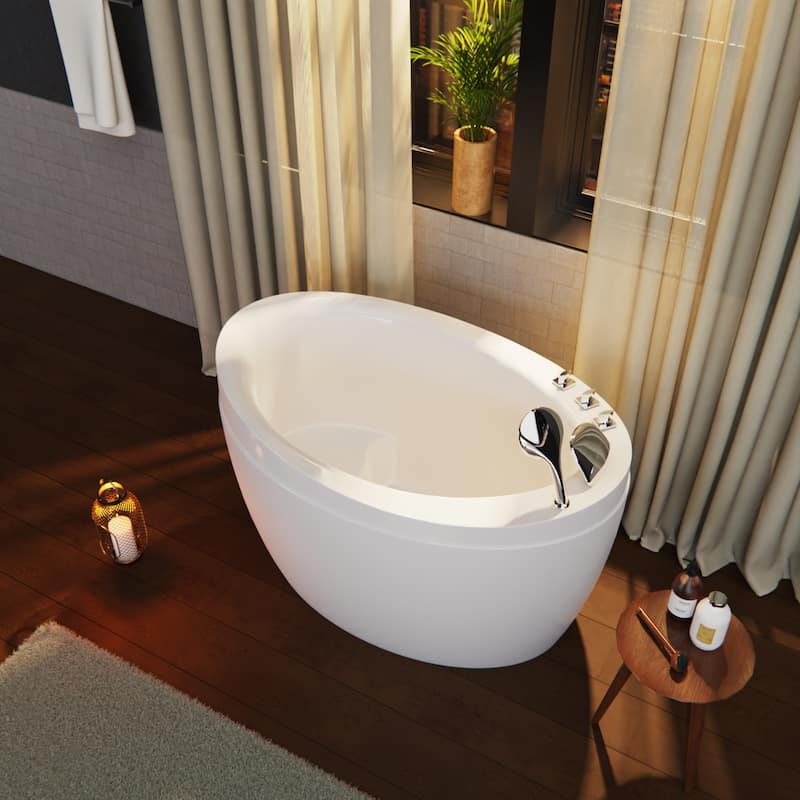 Japanese style 59 in. Acrylic Deep Soaking Freestanding Bathtub with Faucets and Integral Seat