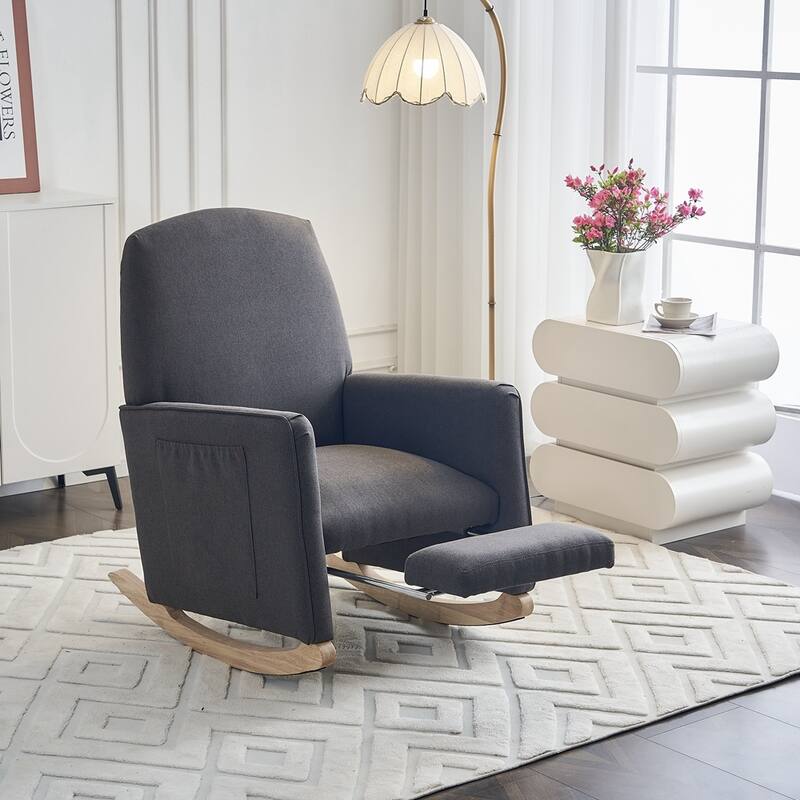 Fabric Nursery Rocking Chair With Adjustable Footrest - Dark Gray Cotton Linen