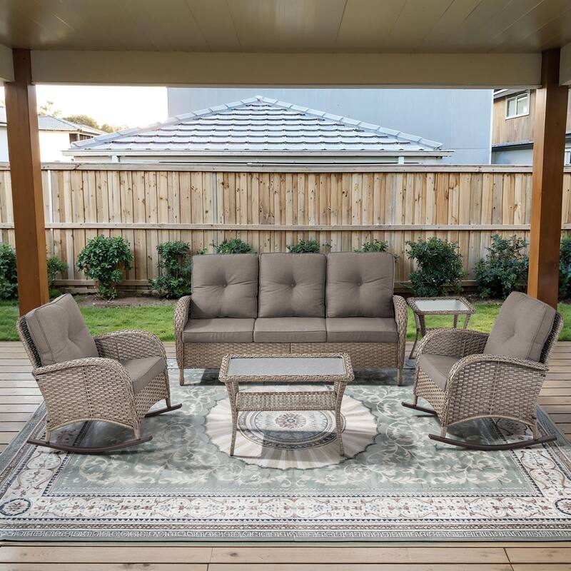 Gymojoy Outdoor Wicker Patio Furniture Sofa Chair Set Weather-Resistant - Grey Wicker / Grey Cusion - 5-Piece - Sofa & Rocking Chairs
