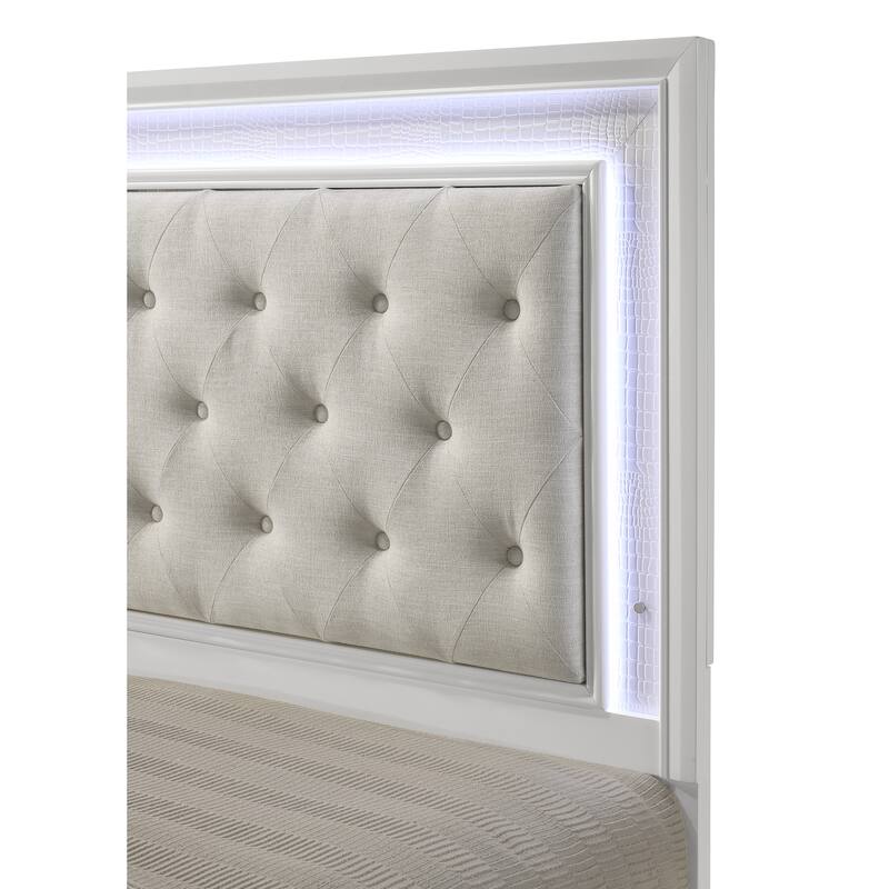 Modern White Tufted LED Headboard Queen Size Panel Bed with Textured Finish & Integrated Lighting