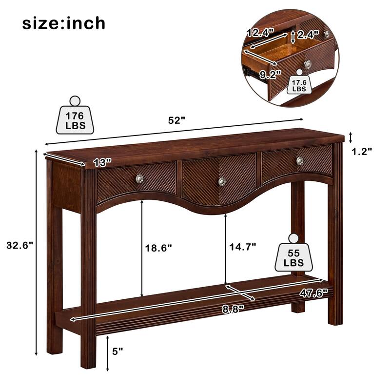 52 Inch Fluted Wood Console Table with 3 Drawers and Solid Wood Legs for Living Room Entryway Decor