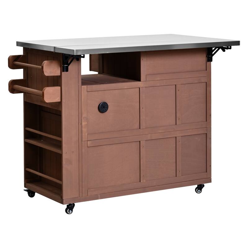 Extendable 41.9" Outdoor Kitchen Island with Stainless Steel Top and Side Spice Rack, Kitchen Cart with Drawers, Storage Cabinet