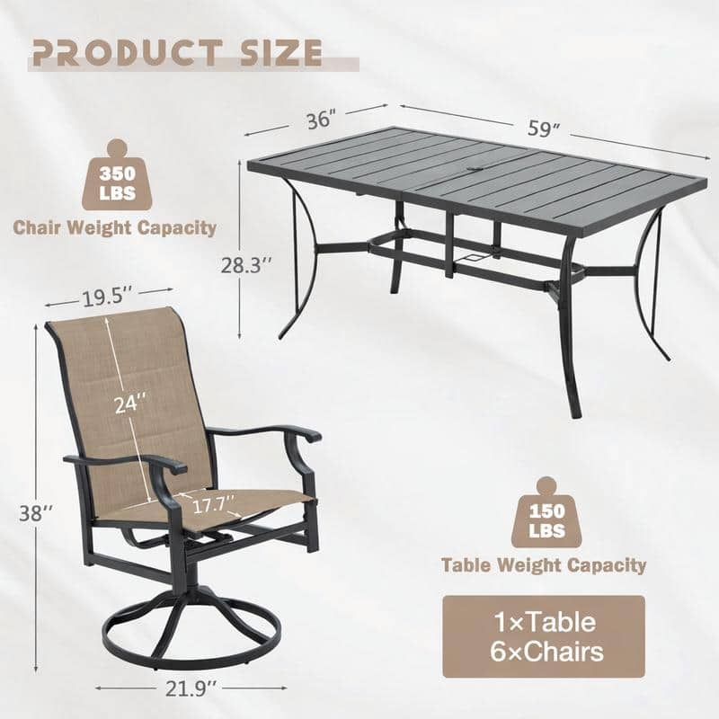 Erommy Outdoor Patio Dining Set with Swivel Rocker Chairs, Metal Table with Umbrella Hole, Patio furniture for Backyard