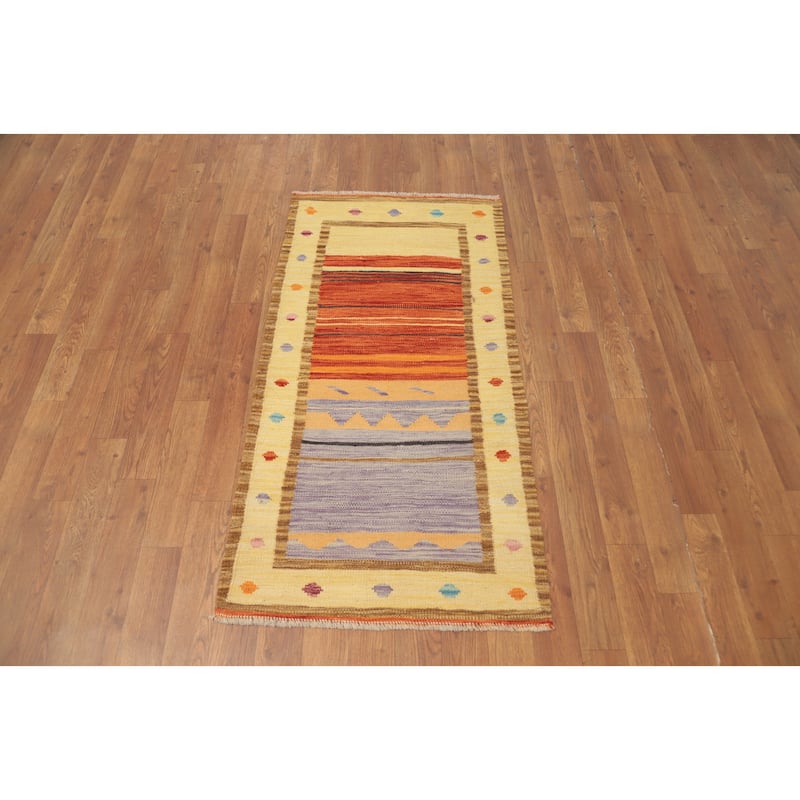 Hand Woven Oriental 100% Wool Carpet Southwestern Tribal Oranges & Rust Kilim Area Rug - 4' 0'' X 2' 0''