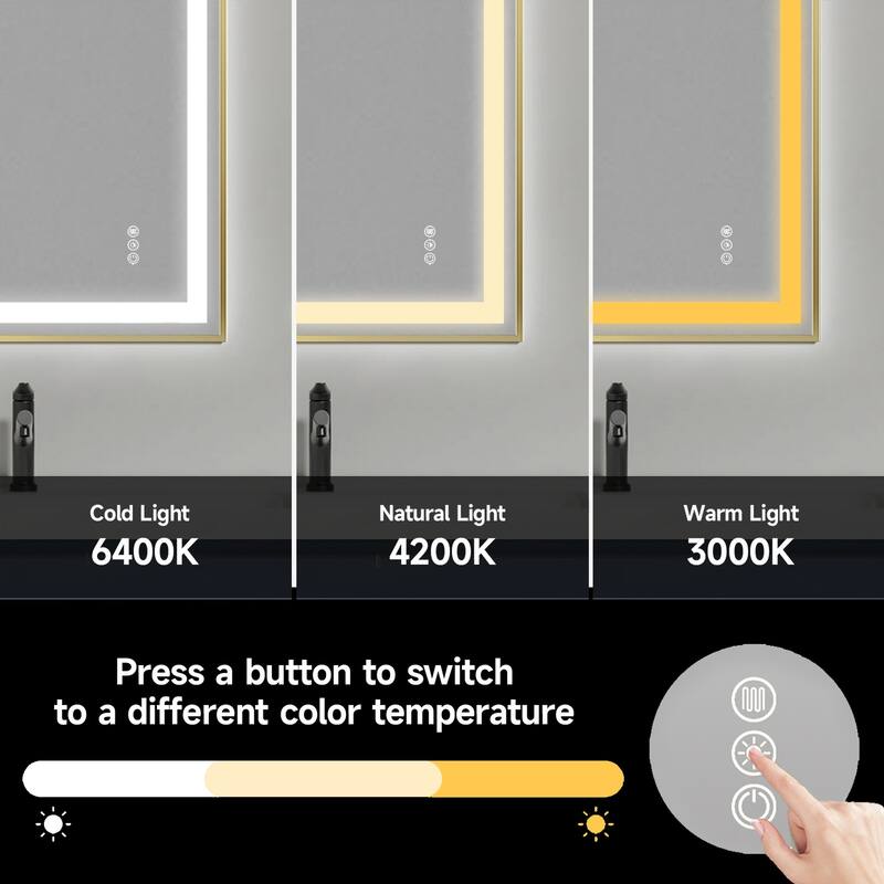 Topcraft Gold Framed Tempered Glass Mirror with Dual LED Strip Lighting