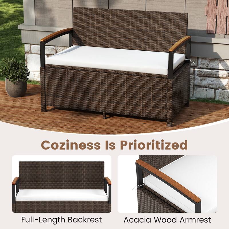 Gymax Outdoor Storage Bench w/Cushion Backrest & Acacia Wood Armrests