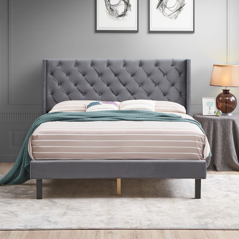 Queen Velvet Upholstered Bed with Wings Design, Charcoal Gray, Easy Assembly
